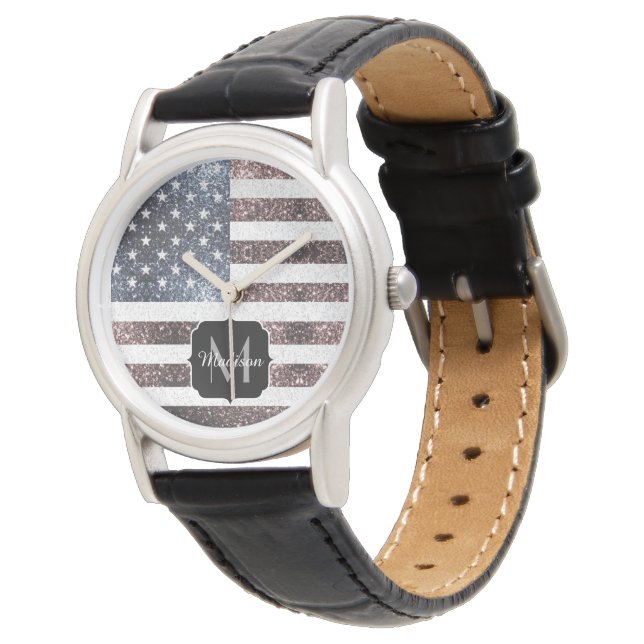 Rustikal Red White Blue Glitzern USA Flaggenmonogr Armbanduhr (Schrägansicht)