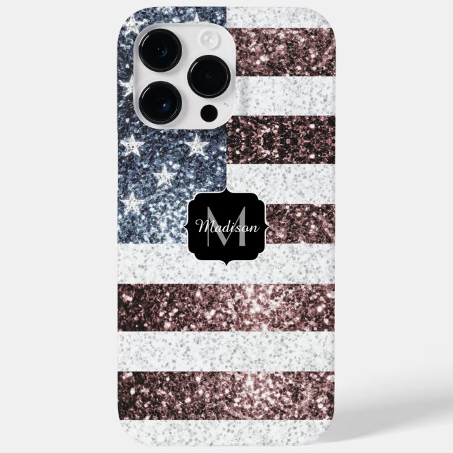 Rustikal Red White Blue Glitzern USA Flaggenmonogr Case-Mate iPhone 14 Pro Max Hülle (Rückseite)