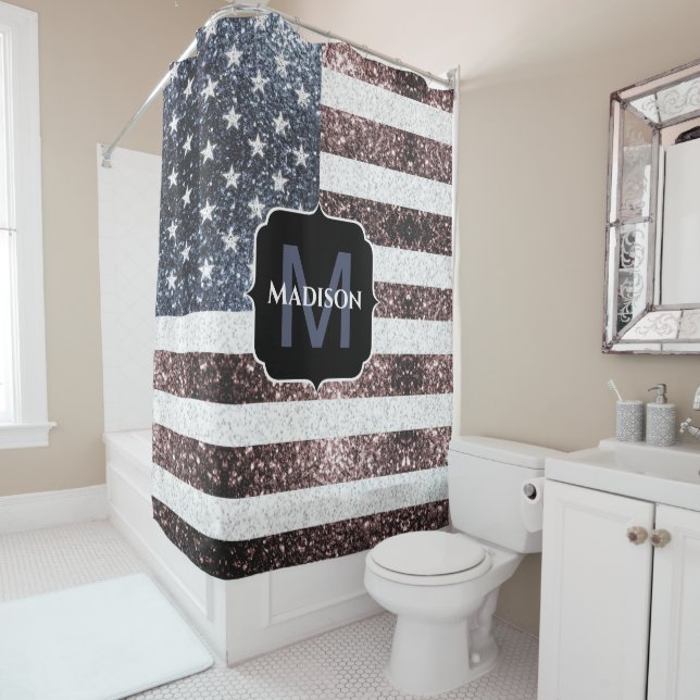 Rustikal Red White Blue Glitzern USA Flaggenmonogr Duschvorhang (Beispiel)