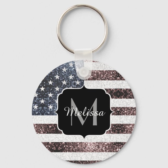 Rustikal Red White Blue Glitzern USA Flaggenmonogr Schlüsselanhänger (Vorderseite)