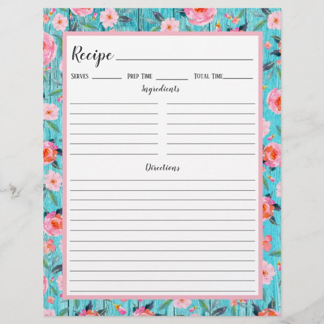 Rustikal rosa Aqua Wood Recipe Binder Page (Vorderseite)