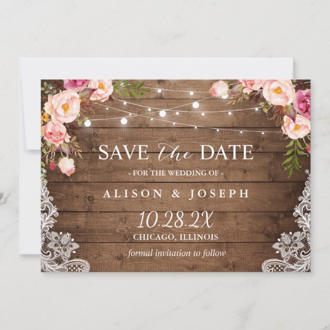 Rustikal rosa, bläserne Schnürsenkel Save the Date (Vorderseite)