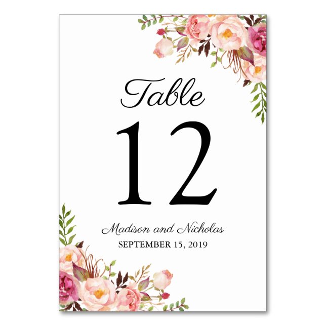 Rustikal rosa Blumenkarten für Hochzeiten von Tisc Tischnummer (Vorderseite)
