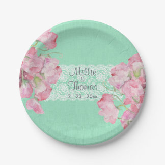 Rustikal rosa Blüte auf Mint Green Burlap Hochzeit Pappteller