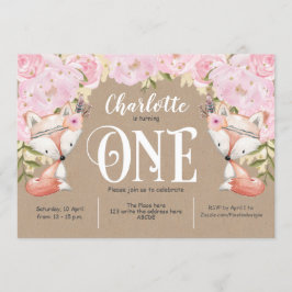 Rustikal, rosa Blüte, Holz, Mädchen 1. Geburtstag Einladung