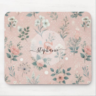Rustikal rosa Blüte mit weißen Blüten und Grünpfla Mousepad