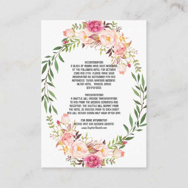 Rustikal rosa Blütenblüte Details zur Hochzeit Begleitkarte (Vorderseite)
