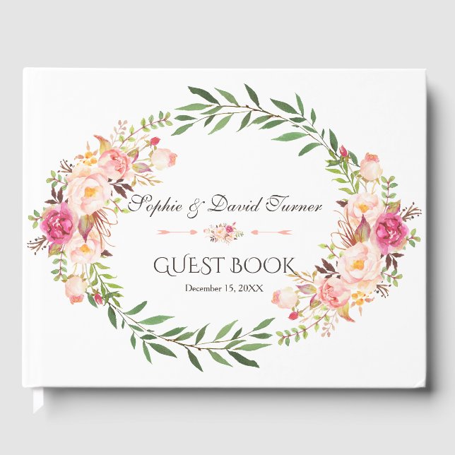 Rustikal rosa Blütenblüte Details zur Hochzeit Gästebuch (Vorderseite)