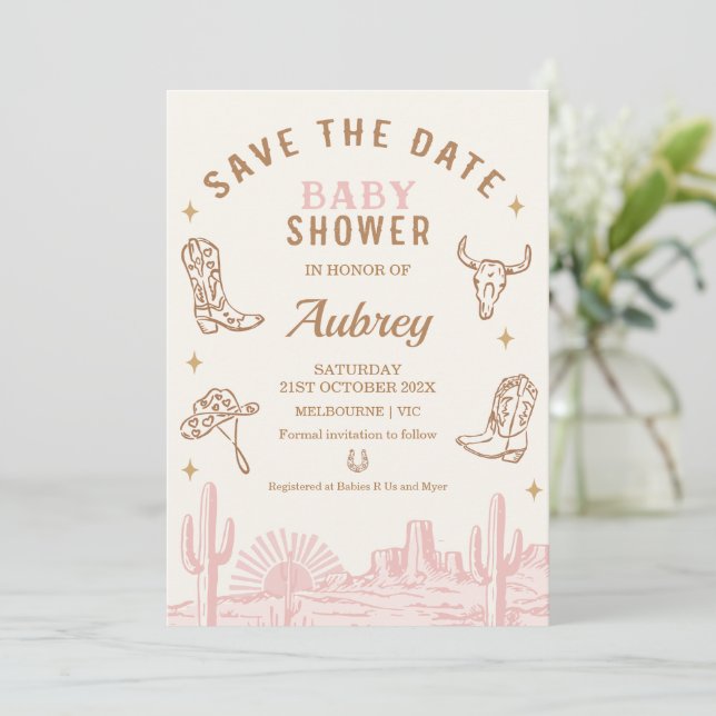 Rustikal rosa Cowgirl Babydusche Save the Date Kar Einladung (Stehend Vorderseite)