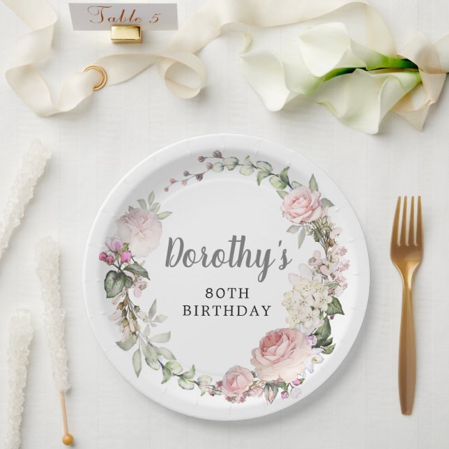 Rustikal rosa Flora 80. Geburtstag Pappteller (Hochzeit)