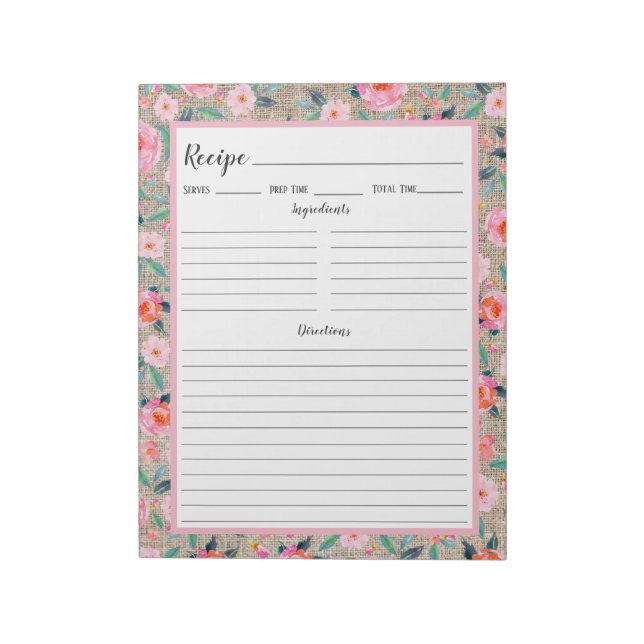 Rustikal rosa, florale Burlap Rezept Notizblock (Rotiert)