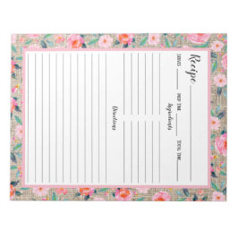 Rustikal rosa, florale Burlap Rezept Notizblock