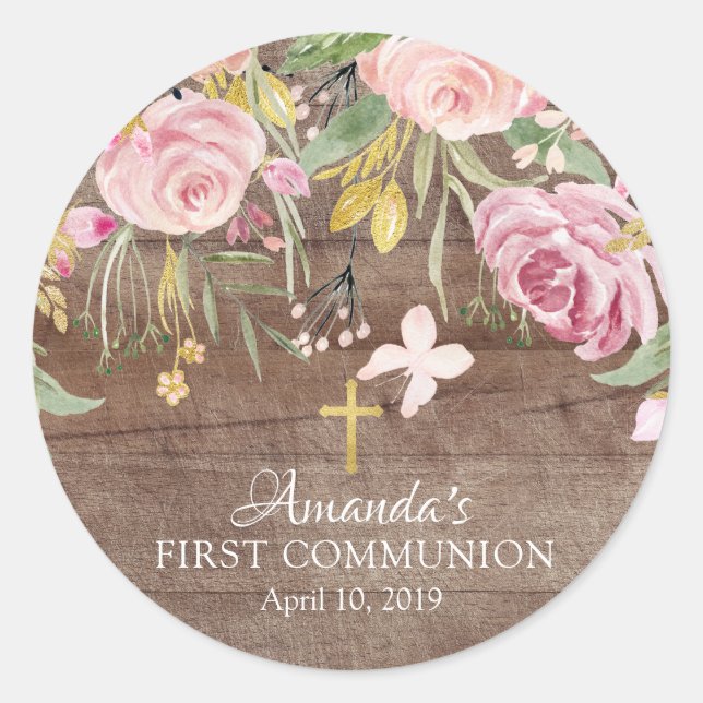 Rustikal rosa floraler Erstkommunionsticker Runder Aufkleber (Vorderseite)