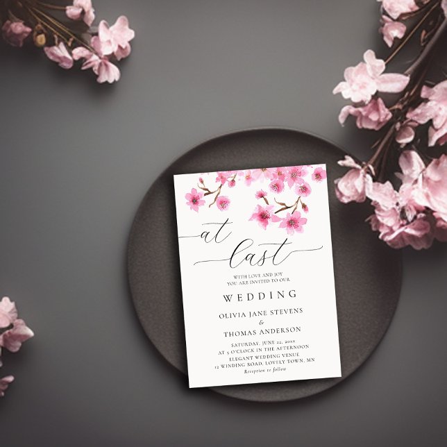 Rustikal rosa Frühlingsblüten bei letzter Hochzeit Einladung (cherry blossom wedding invitation watercolor modern casual elegant classy stylish chic card design)