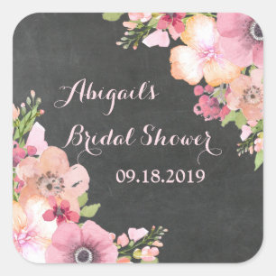 Rustikal rosa Khalkboard Blumenstempel Brautparty Quadratischer Aufkleber