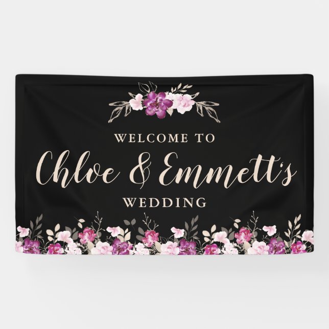 Rustikal rosa Lila auf Schwarz-Flora-Hochzeit Banner (Horizontal)