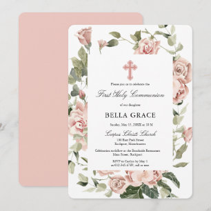 Rustikal Rosa Rose Floral Erste Heilige Kommune Einladung