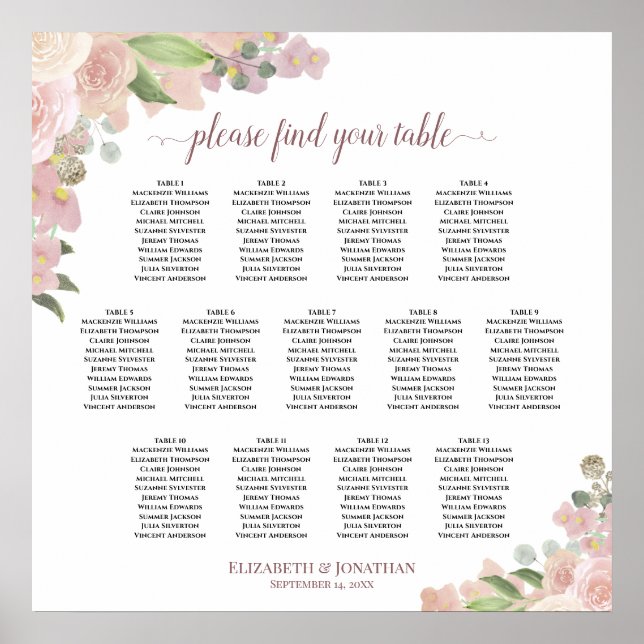 Rustikal rosa Rosen 13 Tabelle Hochzeitstabelle Poster (Vorne)