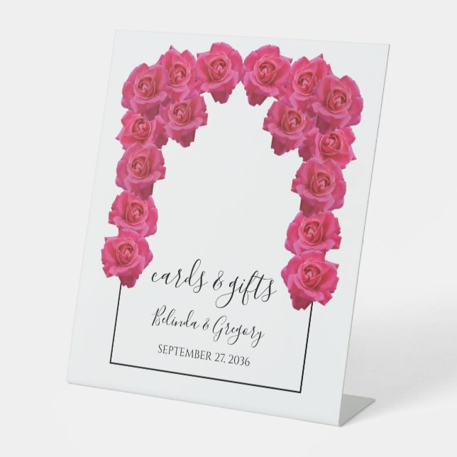 Rustikal rosa Rosen Hochzeitskarten & Geschenke Sockelschild (Vorderseite)