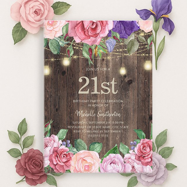 Rustikal rosa violette Blumen String Lights 21. Einladung (Pink and purple watercolor floral and string lights on rustic wood 21st birthday party invitation)