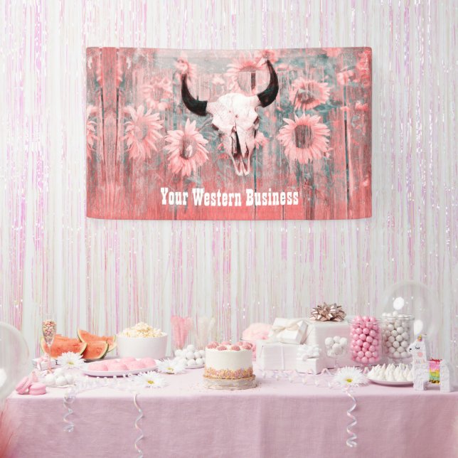 Rustikal rosa Western Bull Skull Sonnenblumen auf  Banner (Party)