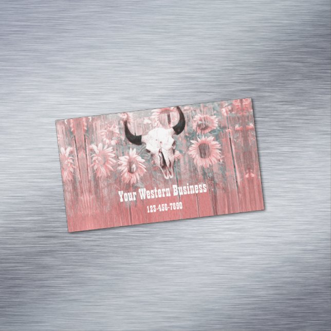 Rustikal rosa Western Bull Skull Sonnenblumen auf  Magnetische Visitenkarte (Beispiel)
