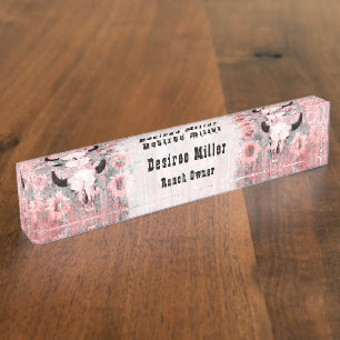 Rustikal rosa Western Bull Skull Sonnenblumen auf  Namensplakette