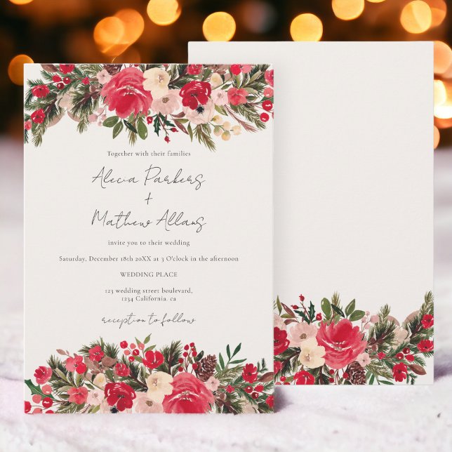 Rustikal-Rot-Grün-Blütenfest Einladung (Rustic Red green Floral Winter Wedding Invitation)