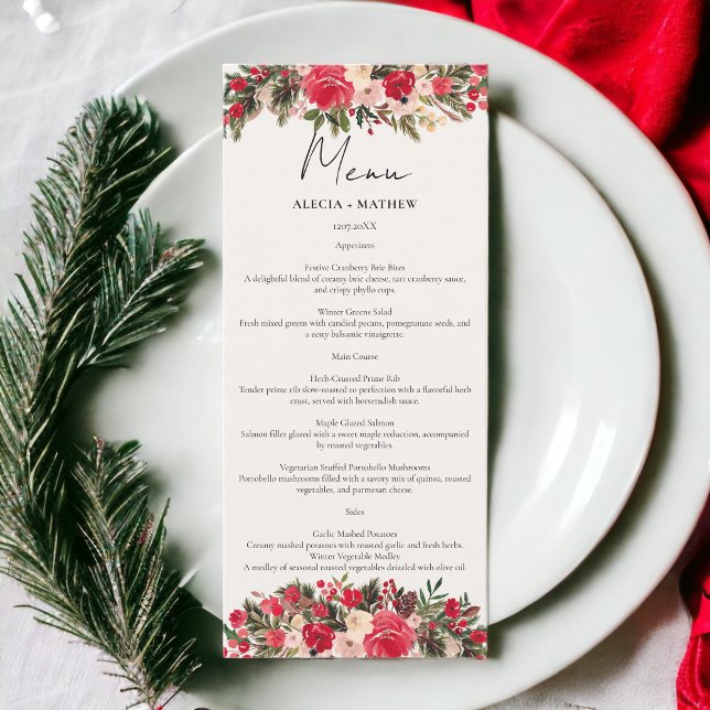 Rustikal-Rot-Grün-Blütenfest Menükarte (Rustic Red green Floral Winter Wedding Menu)