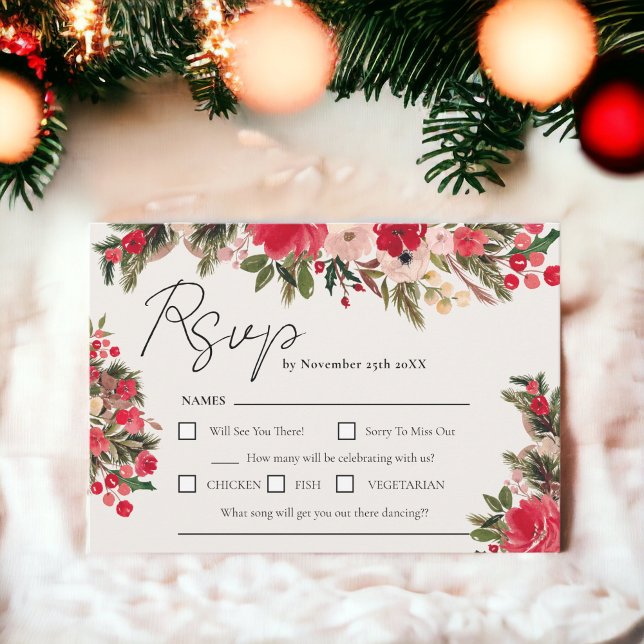 Rustikal-Rot-Grün-Blütenfest RSVP Karte (Rustic Red green Floral Winter Wedding RSVP Card)