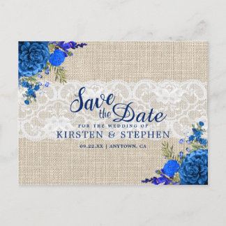 Rustikal Royal Blue Floral Burlap Save the Date Ankündigungspostkarte