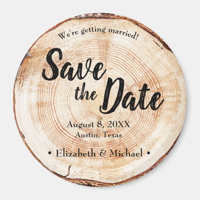 Rustikal Save the Date bedrucktes Holz Slice Magnet (Vorne)