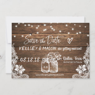 rustikal Save the Date Mason Jars, Lace & Lights Einladung