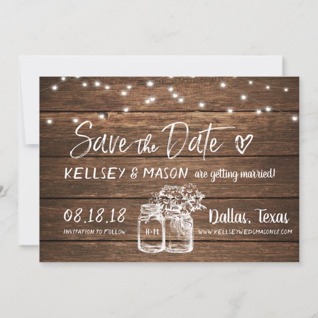 rustikal Save the Date | Mason Jars & String Light Einladung (Vorderseite)