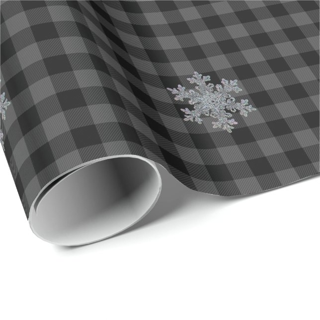 Rustikal, schwarz, grau Tartan kariert - Schneeflo Geschenkpapier (Rolleneckpunkt)
