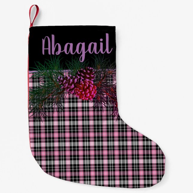 Rustikal, schwarz, rosa Tartan kariert-Kiefernkonu Kleiner Weihnachtsstrumpf (Vorderseite)