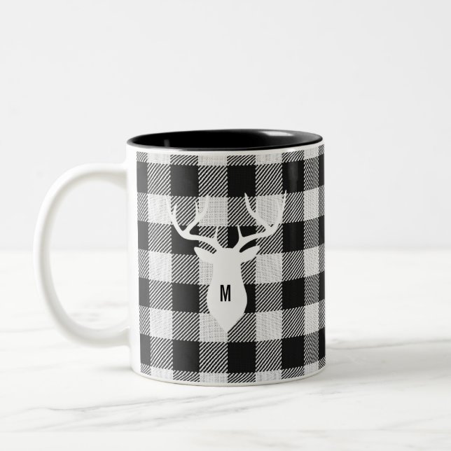 Rustikal Schwarz-weiß Buffalo Karo Deer Mit Monogr Zweifarbige Tasse (Links)