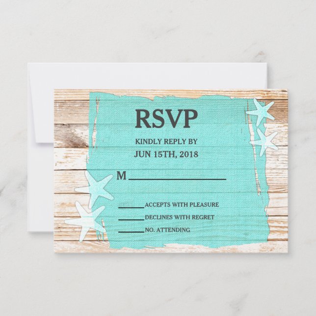 Rustikal-türkisfarbene Starfish Wedding RSVP Card Karte (Vorderseite)