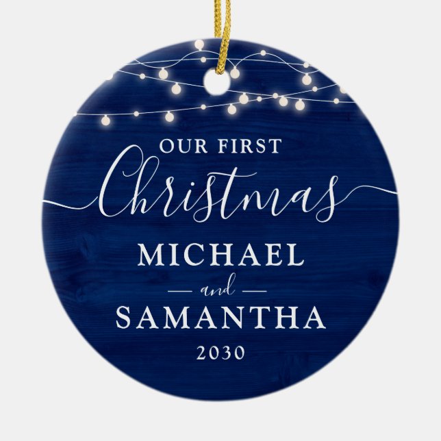 Rustikal Unser erstes Weihnachtspaar individuell a Keramik Ornament (Vorne)