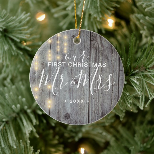 Rustikal Unsere erste Weihnachtsfrau Foto Keramik Ornament (Baum)