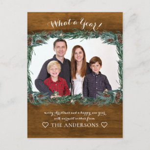 Rustikal Was für ein Jahr! Weihnachtskranz Foto Postkarte