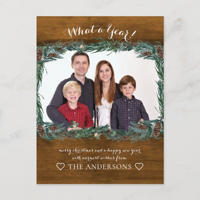 Rustikal Was für ein Jahr! Weihnachtskranz Foto Postkarte (Vorderseite)