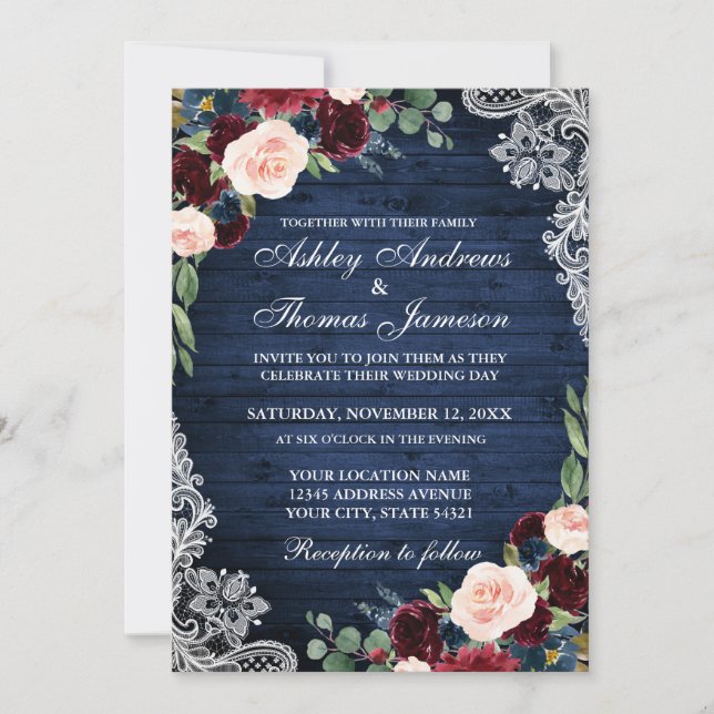 Rustikal Wedding Blue Wood Burgundy Blue Floral Einladung (Vorderseite)