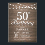 Rustikale 50. Geburtstag Einladung String Lights W<br><div class="desc">Rustikale 50. Geburtstagseinladung mit Streichellichtbeleuchtung Holzhintergrund. 16. 18. 21. 30. 40. 50. 60. 70. 80. 90. 100. Jedes Alter. Für weitere Anpassungen klicken Sie bitte auf die Schaltfläche "Anpassen" und verwenden Sie unser Designwerkzeug,  um diese Vorlage zu ändern.</div>
