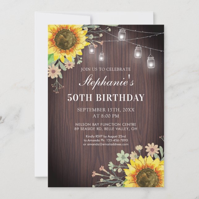 Rustikale 50. Geburtstag Sonnenblume Wood Jar Ligh Einladung (Vorderseite)