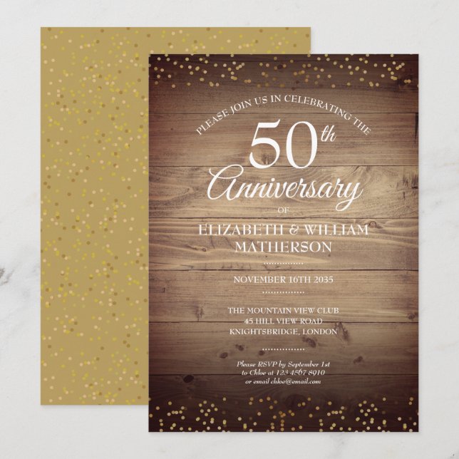 Rustikale 50-jährige Gold Staubwolke Confetti Einladung (Vorne/Hinten)