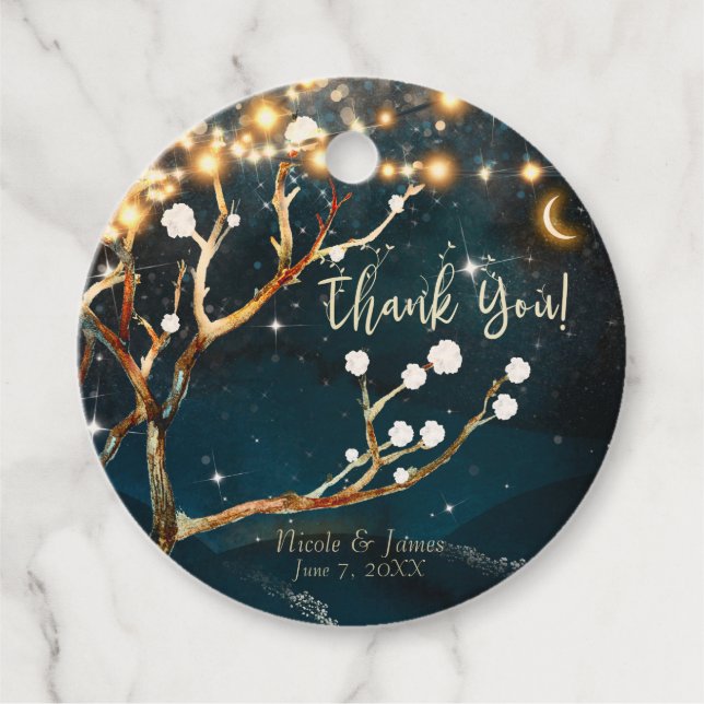 Rustikale Abend Tree Lights Starry Night Wedding Geschenkanhänger (Vorderseite)