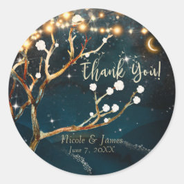 Rustikale Abend Tree Lights Starry Night Wedding Runder Aufkleber