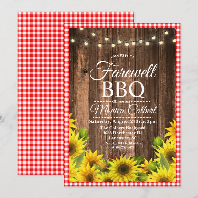 Rustikale Abschieds-GRILLEN Sonnenblume-Einladung Einladung (Vorne/Hinten)