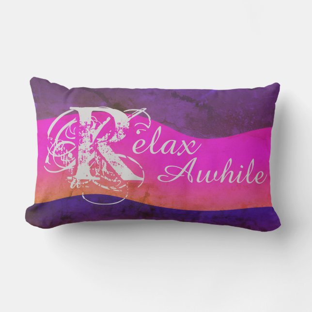 Rustikale Abstrakte Kunst "Relax Awhile" Lila Pink Kissen Für Draußen (Vorderseite)